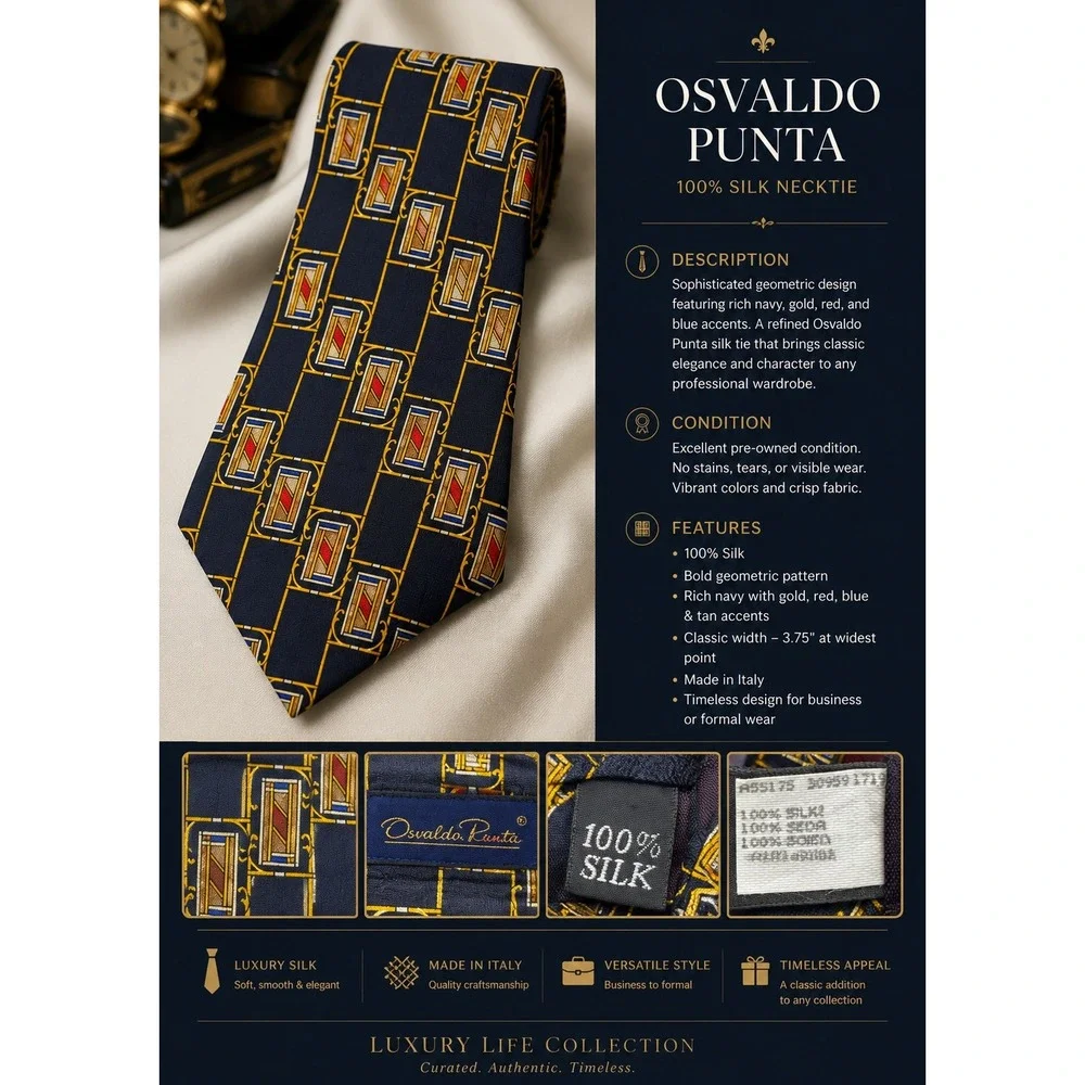 Oscar de la Renta 100% Silk Men's Necktie Navy Blue Gold Red Geometric Vintage